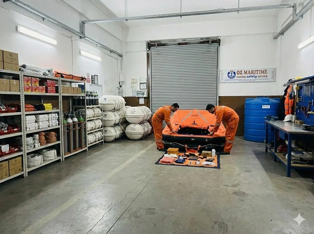 Liferaft service station with raft and container storage