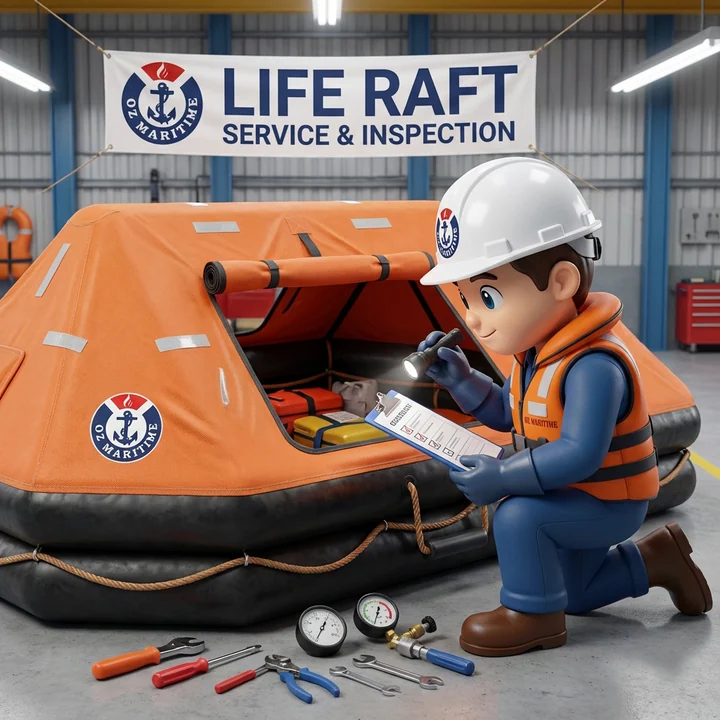 Finn, the OZ Maritime mascot, checking an orange liferaft in the service station.