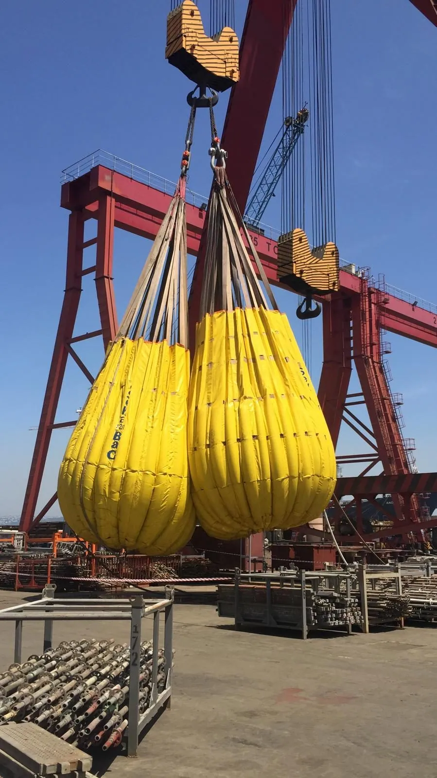 Water-bag load test under a quayside crane