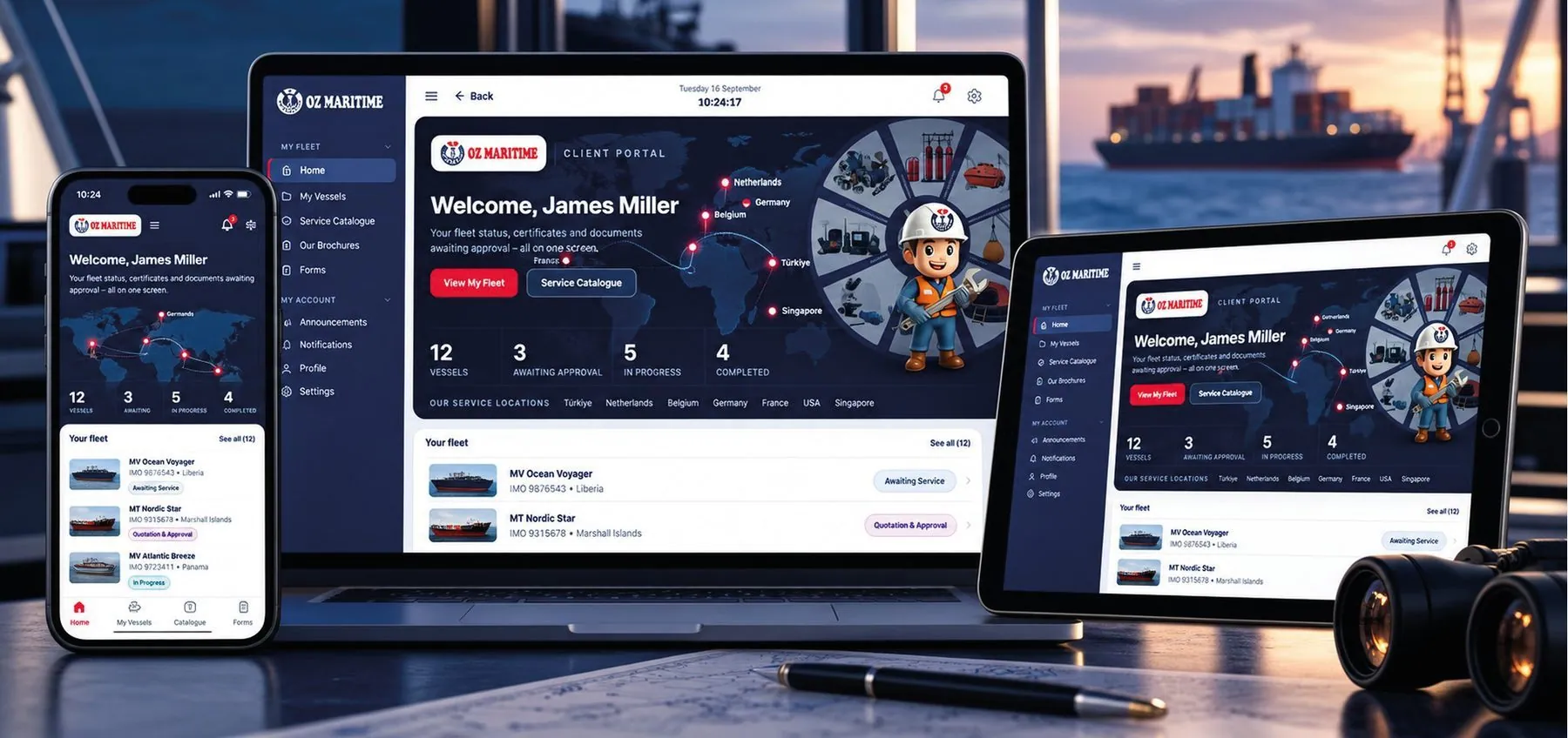 Illustration of the OZ Maritime customer portal on desktop and mobile devices
